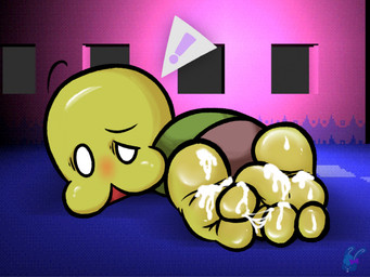 ambiguous_gender armless blush bodily_fluids clothed clothing cum cum_on_feet empty_eyes exclamation_point feet foot_fetish genital_fluids lying on_front solo blueberrybnuy creepypasta petscop guardian_(petscop) unknown_species hi_res male_(lore)