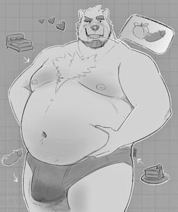 anthro bed belly biped body_hair bulge cake chest_hair chest_tuft clothing dessert detailed_bulge dialogue directional_arrow eggplant eyebrows flaccid food fruit furniture genital_outline genitals geometric_background grid_background heart_symbol male navel nipples outline overweight overweight_anthro overweight_male pattern_background peach_(fruit) penis penis_outline plant simple_background solo speech_bubble standing teeth thick_eyebrows tuft underwear white_body zcdartz bear mammal polar_bear ursine hi_res monochrome