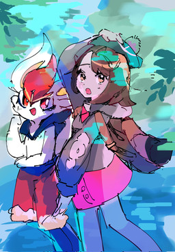 ambiguous_gender anthro backpack bottomwear brown_eyes brown_hair clothing duo eyelashes female fur hair hat headgear headwear multicolored_body open_mouth red_eyes skirt white_body white_fur toripoke710 nintendo pokemon gloria_(pokemon) cinderace generation_8_pokemon human lagomorph mammal pokemon_(species) 2025 hi_res
