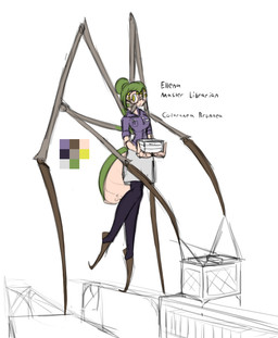 arthropod_webbing book bookshelf clothed clothing female furniture green_hair hair librarian library multi_eye multi_limb solo text yellow_eyes reakuthecrate ellena_(reakuthecrate) animal_humanoid arachnid arachnid_humanoid arthropod arthropod_humanoid humanoid hybrid monster spider spider_humanoid english_text