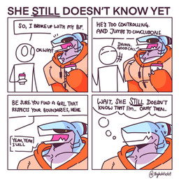ambiguous_gender anthro blue_body bodily_fluids clothed clothed_anthro clothed_male clothing container countershade_face countershade_neck countershade_torso countershading cup dialogue dot_eyes drawstring_hoodie drawstring_topwear duo emanata eye_contact fin flesh_fang front_view gills head_fin holding_container holding_cup holding_object hoodie looking_aside looking_at_another male mouth_closed multicolored_body muscular muscular_anthro muscular_male neck_gills nervous nervous_sweat open_mouth open_smile orange_clothing orange_hoodie orange_topwear pecs red_stripes simple_background simple_eyes smile snout speech_bubble stick_figure striped_fin stripes sweat sweaty_face talking_to_another text thought_bubble topwear two_tone_body white_background white_body white_countershading skykdotidot sky_k.i._(character) aquatic fish shark 1:1 2024 artist_name bust_portrait comic digital_drawing_(artwork) digital_media_(artwork) english_text half-length_portrait hi_res one_page_comic portrait brother_(lore) brother_and_sister_(lore) female_(lore) sibling_(lore) sister_(lore)