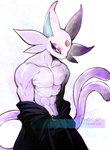 abs anthro anthrofied belt_buckle black_bottomwear black_clothing black_pants bottomwear buckle clothed clothing forehead_gem forked_tail fur gem half-closed_eyes jacket male muscular muscular_anthro muscular_male narrowed_eyes pants pecs pokemorph purple_body purple_eyes purple_fur removing_topwear simple_background solo tail topless topless_male topwear unusual_anatomy unusual_tail white_background thwillartz nintendo pokemon eeveelution espeon generation_2_pokemon pokemon_(species) 2025 hi_res shaded signature watermark