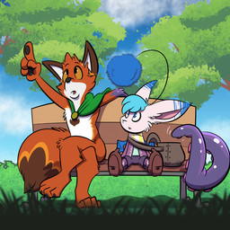 antennae_(anatomy) anthro bag bed biped black_pawpads blue_ear_tips blue_eyes blue_hair bottomwear brown_ears brown_markings cape cape_only clothed clothed_anthro clothed_male clothing cloud countershade_face countershade_fur countershade_neck countershade_torso countershading crossed_legs digitigrade dipstick_ears dipstick_tail distracted duo ear_markings footwear fully_clothed fully_clothed_anthro fully_clothed_male fur furniture glistening glistening_body grass hair jacket looking_at_another male male_anthro markings mostly_nude motion_lines multicolored_ears on_bed open_mouth orange_body orange_fur outside pawpads pink_inner_ear plant purple_body scarf shoes shorts sitting sitting_on_bed sky spread_legs spreading suckers tail tail_markings tentacle_around_wrist tentacles topwear tree unusual_anatomy white_body white_countershading white_hair white_inner_ear wings yellow_sclera trevor-fox final_fantasy square_enix erakir kickaha_(kickahaota) canid canine fox mammal moogle 1:1 2019 colored hi_res shaded