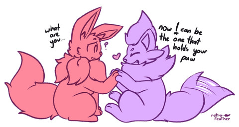 after_transformation ambiguous_gender confusion dialogue duo eyes_closed fangs feral fluffy fluffy_tail hand_holding happy heart_symbol paw_holding question_mark simple_background sitting tail tail_motion tailwag teeth text tuft white_background nulloffset nintendo pokemon leif_(nulloffset) taro_(nulloffset) eevee generation_1_pokemon generation_5_pokemon pokemon_(species) zorua english_text hi_res restricted_palette watermark