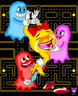 4_toes barefoot bodily_fluids bow_ribbon colored_nails feathers feet female foot_fetish group lipstick makeup nails tears tears_on_cheek tickle_fetish tickle_torture tickling tickling_armpits tickling_feet toes cheshirecaterling bandai_namco pac-man_(series) blinky_(pac-man) inky_(pac-man) ms._pac-man pinky_(pac-man) ghost pac-person spirit waddling_head 2008
