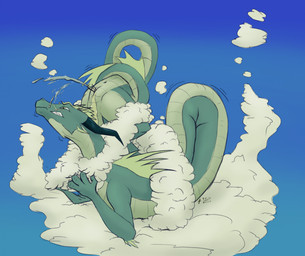 animal_genitalia anthro anus biped blush bodily_fluids cloud entangled genital_fluids genital_slit genitals green_body horn long_body male male_anthro peeing peeing_on_self sitting_on_cloud solo stuck urine urine_on_face urine_on_self urine_stream watersports valrionwrites mythology dragon mythological_creature mythological_scalie scalie 2026 digital_media_(artwork) hi_res