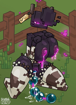 animal_print anthro armwear balls beads big_breasts black_body bodily_fluids breasts clothing cow_print cow_suit detailed_background ear_piercing ear_tag ender_pearl farm female genital_fluids genitals glowing glowing_eyes glowing_genitalia horn legwear milk outside particles penetration piercing purple_eyes sex_toy sex_toy_in_vagina sex_toy_insertion sitting sitting_on_ground solo stockings thick_thighs unusual_bodily_fluids vaginal vaginal_fluids vaginal_penetration limetentacle microsoft minecraft mojang xbox_game_studios enderman absurd_res hi_res signature