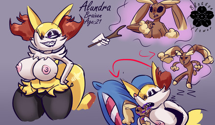 anthro areola big_breasts bodily_fluids breasts drooling drooling_on_other drooling_onto_other duo female female/female forced forced_transformation helpless immobile immobilization inanimate_transformation larger_female mean nipples pink_areola pink_nipples plushie powerless sadism sadistic_smile saliva size_difference sleeping smaller_female transformation transformation_sequence blossonflower nintendo pokemon alundra_(blossonflower) animate_inanimate braixen generation_1_pokemon generation_4_pokemon generation_6_pokemon living_plushie lopunny pokemon_(species) alternate_version_at_source hi_res model_sheet story story_in_description