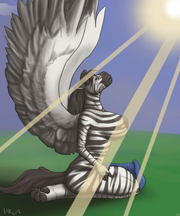 anthro big_breasts big_penis blue_penis breasts feathered_wings feathers genitals gynomorph huge_breasts huge_penis hyper hyper_genitalia hyper_penis intersex nipples penis solo stripes sun tail wings purplepardus vee_(veedway) equid equine mammal zebra hi_res