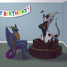 2_horns anthro areola big_breasts biped birthday black_body black_scales blue_body blue_scales breasts cake chair claws countershade_scales countershade_torso countershading dessert digitigrade duo female food furniture horn living_tail looking_at_another looking_at_partner male male/female membrane_(anatomy) membranous_wings messy nipples nude on_chair open_mouth pop_out_cake scales side_view sitting sitting_on_chair small_waist snake_tail tail tan_body tan_countershading tan_scales text toe_claws tongue unusual_anatomy unusual_tail white_body white_scales wide_hips wings raevild european_mythology mythology dragon mythological_creature mythological_scalie reptile scalie snake western_dragon 1:1 2025 2026 english_text hi_res