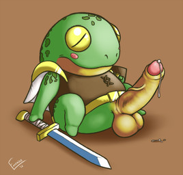 anthro bald balls barefoot biped blush bodily_fluids cape clothed clothing cum cum_on_penis erection eyes_closed feet genital_fluids genitals humanoid_genitalia humanoid_penis knight long_penis male melee_weapon orgasm penis shield sitting solo sword vein veiny_penis warrior weapon emenius castle_in_the_darkness frog_knight amphibian frog digital_media_(artwork) hi_res