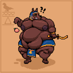 anthro belly big_belly border bottomwear brown_body brown_fur clothing dagger fur headdress loincloth male melee_weapon moobs nipples obese obese_male orange_border overweight overweight_male solo weapon barkitect egyptian_mythology middle_eastern_mythology mythology anubis canid canine canis deity jackal mammal 1:1