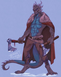 anthro axe belt black_body black_scales bottomwear cloak clothed clothing fur holding_melee_weapon holding_object holding_weapon horn looking_at_viewer male medieval medieval_clothing melee_weapon muscular open_mouth pants pink_eyes scales simple_background smile solo spikes standing tail tattoo teeth topless viking weapon wanderertamplior european_mythology mythology dragon mythological_creature mythological_scalie scalie western_dragon wingless_dragon 2023 digital_media_(artwork) hi_res