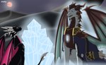 anthro bag clothing coat crystal dialogue duo female glowing horn jewelry male moon multi_horn necklace paper pouches topwear wings zilonking activision mythology spyro_the_dragon cynder ignitus dragon mythological_creature mythological_scalie scalie comic digital_media_(artwork) hi_res signature