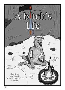 anthro blood bodily_fluids border campfire comic_panel dialogue female forest malnourished melee_weapon plant scar skinny sword text title tree weapon white_border lonelywolfy canid canine canis domestic_dog mammal comic english_text hi_res monochrome