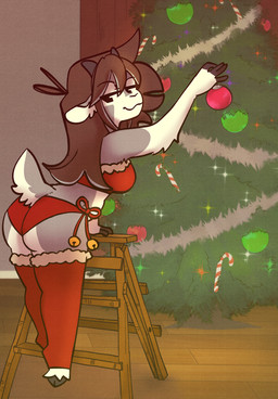 :3 anthro bell bra butt candy candy_cane christmas_bauble christmas_clothing christmas_decorations christmas_lights christmas_ornament christmas_tree clothed clothing dessert female female_anthro food hair holidays hooves horn ladder legwear long_hair ornament plant skimpy solo sparkles standing stepladder thigh_highs tree underwear tiredfizz christmas bups bovid caprine goat mammal 2025 hi_res