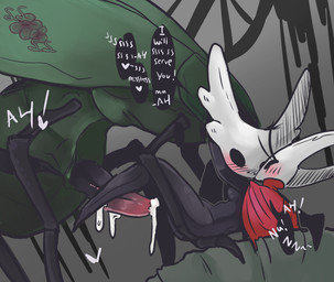 2_horns bent_over big_penis biped blush bodily_fluids clothing cum cumshot dialogue duo ejaculation exclamation_point eyelashes female genital_fluids genitals heart_symbol horn logo looking_at_another male male/female penis red_clothing sex speech_bubble submissive talking_to_another text white_text ssleepyflowers hollow_knight:_silksong hollow_knight_(franchise) team_cherry hornet_(hollow_knight) styx_(hollow_knight:_silksong) arachnid arthropod humanoid insect spider 2026 absurd_res artist_logo english_text hi_res