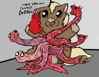 ambiguous_feral ambiguous_gender baby_talk birth blonde_hair blood bodily_fluids brown_body brown_fur dialogue exposed_muscle feral fetus fur gore grotesque group hair hooves hug live_birth neonate open_mouth red_body red_fur sharp_teeth sitting size_difference smile tail teeth text tongue tongue_out umbilical_cord vein what what_has_science_done yellow_tail young young_ambiguous young_feral carniviousduck fluffy_pony fluffy_pony_(species) hybrid jellenheimer mammal 2026 digital_media_(artwork) english_text