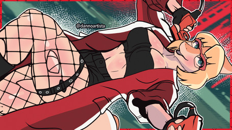 abstract_background alternate_costume anthro bandeau belly_blush big_breasts black_bandeau black_bottomwear black_clothing black_shorts black_topwear blonde_hair blush body_blush bone_frill bottomwear breast_blush breasts clothed clothed_anthro clothed_female clothing coat cosplay eyewear female fishnet_clothing fishnet_leggings fishnet_legwear frill_(anatomy) glasses green_eyes hair holding_object leg_blush leggings legwear looking_at_viewer medium_hair non-mammal_breasts open_mouth open_smile orange_body red_clothing red_coat red_topwear shorts smile solo text topwear trenchcoat white_body dannoartista capcom devil_may_cry goodbye_volcano_high ko_op_(game_developer) dante_(dmc) naomi_(gvh) dinosaur hadrosaurid ornithischian ornithopod parasaurolophus prehistoric_species reptile scalie 16:9 absurd_res artist_name colored hi_res portrait shaded three-quarter_portrait widescreen