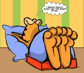 3_toes bedding blanket dialogue feet male orange_body pillow sleeping soles solo text thought_bubble toes conditional_dnp zp92 garfield_(series) garfield_the_cat domestic_cat felid feline felis mammal english_text hi_res