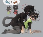 anthro black_body blush bodily_fluids clothed clothing duo femboy gender_symbol heart_symbol innuendo male male/male male_symbol partially_clothed speech_bubble sweat symbol lonely_cri canid felid mammal digital_media_(artwork) hi_res pictographics