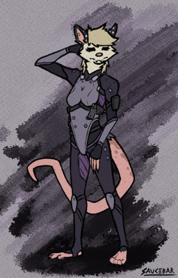 anthro armor body_harness bodysuit clothing female gun hand_behind_own_head hand_on_leg hand_on_thigh harness knee_pads latex latex_clothing latex_skinsuit looking_at_viewer ranged_weapon skinsuit sneaking_suit solo standing text tight_clothing weapon waschbar carmine_mcscarra american_opossum mammal marsupial absurd_res english_text hi_res