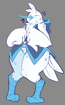 anthro arm_tuft belly belt big_hands biped blue_body blue_clothing blue_scales blush blush_lines bottom_heavy cheek_tuft clothing digitigrade elbow_tuft eyes_closed facial_tuft feathers featureless_crotch feet female head_tuft hip_tuft hooded_vest huge_hands huge_hips huge_thighs neck_tuft scales simple_background skull_accessory small_waist smile solo tail tail_feathers talons thick_thighs toes tuft white_body white_feathers wide_hips winged_arms wings drawtheuniverse salt_(drawtheuniverse) avian species_request 2025