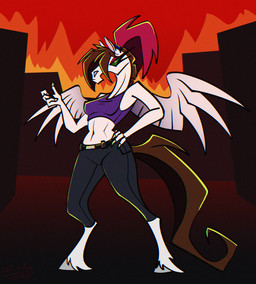 anthro belly feathers female fire hell makeup solo town wings sunny_way mythology equid equine horse mammal mythological_creature mythological_equine pegasus hi_res
