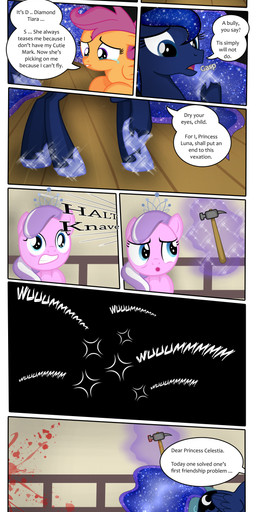blood blue_body blue_eyes blue_feathers blue_hair bodily_fluids crown crying cutie_mark dialogue eyes_closed feathered_wings feathers female feral group hair hammer headgear lying multicolored_hair open_mouth orange_body orange_feathers pink_hair purple_eyes purple_hair sparkles stage star tears text tiara tools two_tone_hair upset white_hair wings perfectblue97 friendship_is_magic hasbro my_little_pony mythology diamond_tiara_(mlp) princess_luna_(mlp) scootaloo_(mlp) earth_pony equid equine horse mammal mythological_creature mythological_equine pegasus pony 2014 absurd_res english_text hi_res