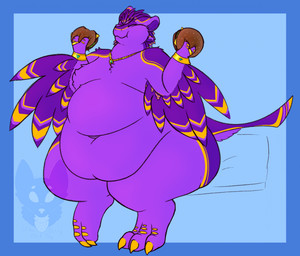 3_claws 3_fingers 3_toes 4_ears anthro belly belly_folds big_belly biped bracelet burger claws deep_navel eating eating_food eyes_closed feathers feet fingers food jewelry jewelry_only male male_anthro markings moobs mostly_nude mostly_nude_anthro mostly_nude_male multi_ear navel necklace obese obese_anthro obese_male overweight overweight_anthro overweight_male purple_body purple_ears purple_feathers purple_tail purple_tuft purple_wings sitting solo tail thick_thighs toes tuft winged_arms wings yellow_claws yellow_markings strawberrymilkdog mochi_(icanhazbrgr) avali 2023 hi_res
