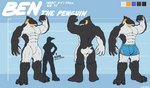 abs anthro beak biceps butt claws clothed clothing feathers feet looking_at_viewer male muscular muscular_anthro muscular_male nude paws pecs simple_background solo standing tail text toes corrsk ben_the_penguin avian bird penguin digital_media_(artwork) english_text hi_res model_sheet