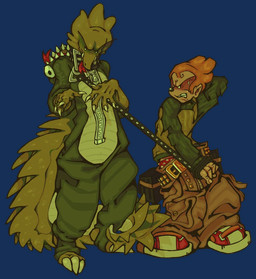anthro big_shoes bottomwear brown_bottomwear brown_clothing brown_pants clothed clothed_male clothing dinosaur_costume duo footwear fully_clothed fully_clothed_male green_body green_scales hair leash leash_pull male orange_hair oversized_bottomwear oversized_clothing oversized_pants pants red_clothing red_footwear red_shoes scales shoes simple_background spiked_tail spikes spikes_(anatomy) tail transparent_background guntzland pico_(series) pico_(newgrounds) dinosaur human mammal prehistoric_species reptile scalie 2023 alpha_channel full-length_portrait portrait
