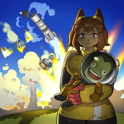 anthro astronaut big_breasts breasts brown_body brown_hair duo explosion eyebrows eyelashes eyewear eyewear_on_head female goggles goggles_on_head green_body hair male open_mouth open_smile rocket smile spacesuit whiskers wide_hips serimj gameoverse glitch_productions kerbal_space_program jebediah_kerman kit_bodega alien domestic_cat felid feline felis kerbal mammal 1:1 2026 hi_res