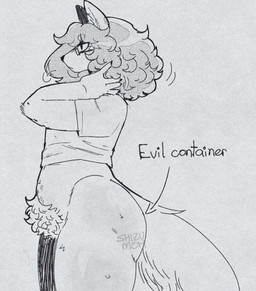 andromorph andromorph_anthro anthro big_butt blush bottomless bottomless_andromorph bottomless_anthro bottomless_intersex butt clothed clothing curly_hair eyewear glasses hair intersex intersex_anthro pubes shirt side_view simple_background solo tail text thick_thighs topwear shizumoh evil_container andy_(shizumoh) arctic_fox canid canine fox mammal true_fox 2025 english_text greyscale halftone hi_res monochrome trans_(lore) trans_man_(lore)