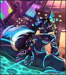 anthro black_body black_fur black_hair blue_inner_ear_fluff breasts crotch_tuft dipstick_tail ear_piercing eyebrows eyelashes facial_piercing female fur genitals hair heart_symbol inner_ear_fluff legs_in_water lip_piercing lip_ring low-angle_view markings medium_breasts navel navel_piercing nude piercing pussy ring_piercing sitting solo spread_legs spreading tail tail_markings text thick_thighs tuft wet wide_hips acedark258 epic_games fortnite pack_leader_highwire canid canine canis mammal wolf 2025 absurd_res english_text hi_res