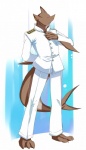 abstract_background anthro barefoot biped clothed clothing feet looking_at_viewer male pose solo standing uniform white_clothing kubikitsune fish marine shark