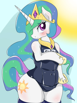 abdominal_bulge anthro anthrofied belly biped blue_background blush clothed clothing crown cutie_mark eyebrows eyelashes female hair headgear hooves horn legwear long_hair looking_away multicolored_hair navel one-piece_swimsuit organs overweight purple_eyes rainbow_hair royalty school_swimsuit shadow simple_background slightly_chubby solo standing stomach sun swimwear text text_on_clothing text_on_swimwear thick_thighs thigh_highs umejiru friendship_is_magic hasbro my_little_pony princess_celestia_(mlp) equid mammal 2016 3:4 hi_res japanese_text portrait three-quarter_portrait