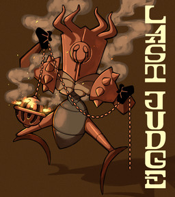 armor biped censer fingers headgear helmet holding_melee_weapon holding_object holding_weapon machine melee_weapon pose solo standing text weapon swishy hollow_knight:_silksong hollow_knight_(franchise) team_cherry last_judge arthropod 2025 english_text hi_res