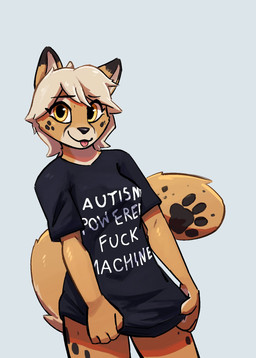 anthro autism blep breasts clothed clothing clothing_pull dipstick_ears ear_markings female footprint fur hair looking_at_viewer markings multicolored_ears pantsless pawprint pawprint_(marking) profanity shirt simple_background smile solo spots spotted_body spotted_fur spotted_markings t-shirt tail tan_body tan_fur text tongue tongue_out topwear white_background white_hair yellow_eyes enginetrap aurora_(spacecamper) cheetah felid feline mammal english_text hi_res