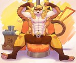 abs anthro armpit_hair belt biceps blonde_hair body_hair bottomwear bulge claws clothed clothing feet footwear fur gloves hair hammer handwear headgear headwear legwear looking_at_viewer male muscular muscular_anthro muscular_male nipples open_mouth orange_body orange_fur pants pecs pubes raised_arm simple_background sitting smile solo tail teeth toes tongue tools churrosolixoso epic_games fortnite meowtooth domestic_cat felid feline felis mammal absurd_res digital_media_(artwork) hi_res