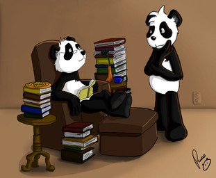 anthro black_body black_fur book cookie duo eyewear featureless_crotch food fur glasses head_tuft inside male male_anthro mouth_closed nude rectangular_glasses sitting standing thinking_pose tuft white_body white_fur young young_anthro young_male pandapaco nemorio parinton bear giant_panda mammal signature
