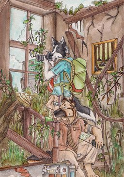 anthro backpack black_body black_fur blue_clothing blue_eyes blue_shirt blue_t-shirt blue_topwear bottomwear brown_body brown_clothing brown_fur brown_topwear camera clothed clothing duo fur holding_camera holding_object inside male male_anthro mouth_closed orange_body orange_eyes orange_fur painting_(object) pants ruins shirt side_view sitting standing t-shirt tan_bottomwear tan_clothing tan_pants topwear kola_(artist) border_collie canid canine canis collie domestic_dog german_shepherd herding_dog mammal pastoral_dog sheepdog hi_res