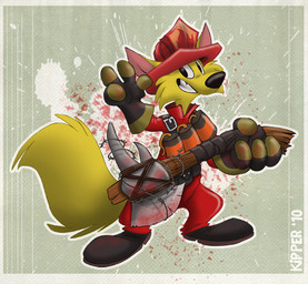 4_fingers anthro armor axe barbed_wire biped black_eyes black_nose clothed clothing fingers fire_axe firefighter firefighter_helmet footwear fully_clothed fur furgonomics gloves handwear headgear helmet holding_object holding_weapon looking_at_viewer male melee_weapon outline plantigrade shoes smile solo standing tail teeth text toony weapon year yellow_body yellow_fur kipper team_fortress_2 valve valve_corporation pyro_(team_fortress_2) canid canine fox mammal 2010 artist_name