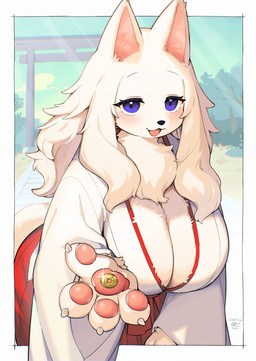 4_fingers anthro asian_clothing big_breasts blush border bottomwear breasts chest_tuft claws cleavage clothed clothing detailed_background east_asian_clothing eyelashes female fingers fur hair japanese_clothing kemono long_hair looking_at_viewer miko_outfit monotone_body monotone_fur open_:3 open_mouth outside overweight paws pupils purple_eyes red_bottomwear red_clothing red_skirt shrine_maiden skirt smile solo standing tail three-quarter_view torii tuft white_body white_border white_clothing white_fur white_hair kishibe samoyed-chan_(kishibe) canid canine canis domestic_dog mammal nordic_sled_dog samoyed spitz digital_media_(artwork) hi_res
