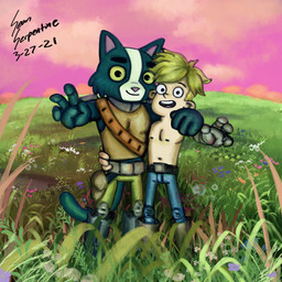 anthro big_hands dark_body dark_fur duo fur grass_field light_body light_skin male male/male muscle_size_difference shirtless_male sean_serpentine final_space avocato gary_goodspeed felid human mammal ventrexian 1:1 2021 absurd_res dated hi_res huge_filesize