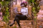 anthro book breasts brown_hair clothed clothing eyebrows eyelashes female hair holding_book holding_object sitting smile solo tril-mizzrim canid canine canis domestic_dog mammal 2020 digital_media_(artwork)