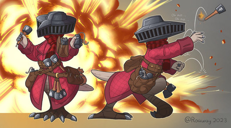 ambiguous_gender anthro armor bag belt bomb claws clumsy dialogue explosion explosives grenade headgear helmet humor scarf solo standing text utility_belt walking weapon roawayart avian 2023 english_text hi_res