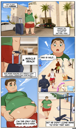 anthro beach belly big_belly border clothed clothing dialogue gym hair huge_belly male male/male muscular muscular_anthro muscular_male navel overweight overweight_human overweight_male sand seaside simple_background sky slightly_chubby slightly_chubby_human slightly_chubby_male smile speech_bubble text white_border zhadart canid canine human mammal comic english_text hi_res
