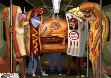 anthro burger burger_costume cheeseburger_costume clothing costume female food food_costume group hot_dog hot_dog_costume male pizza pizza_costume popcorn popcorn_costume sandwich_(food) sandwich_costume magnetus disney dreamworks illumination_entertainment robin_hood_(disney) sing_(movie) the_bad_guys diane_foxington maid_marian mr._wolf_(the_bad_guys) porsha_crystal suki_lane canid canine canis fox mammal wolf absurd_res hi_res