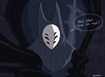 2_horns 4_arms 4_fingers 6_eyes ambiguous_gender anthro black_arms black_body clothed clothing dialogue fingers first_person_view hood horn mask multi_arm multi_eye multi_limb question_mark shadow sitting solo speech_bubble talking_to_viewer text white_text bensect hollow_knight team_cherry herrah_(hollow_knight) arachnid arthropod 2022 artist_name english_text hi_res female_(lore)